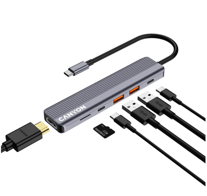Canyon DS-17 6-In-1 USB-C Hub 100W With 4K HDMI, 2x USB-C, 2x USB 3.2 Type-A & MicroSD Card Reader - Grey