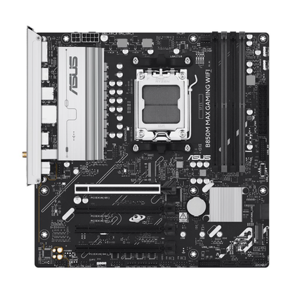 ASUS B850M MAX GAMING WIFI micro ATX AM5 motherboard with AMD B850, DDR5, PCIe 5.0 and Wi-Fi 6
