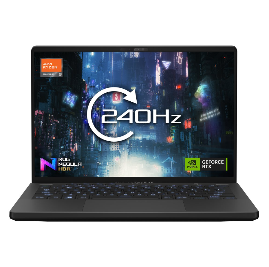 ASUS ROG Zephyrus G14, 180 degree hinge design, AMD Ryzen 7-7735HS, upto 4.7 GHz, Win 11 Home, GeForce RTX 4060, AMD Radeon 680M, 16 GB RAM, 1 TB SSD
