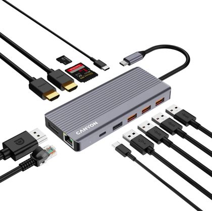 Canyon DS-16 13-In-1 USB-C Hub 100W 4K HDMI DisplayPort Gigabit Ethernet Card Reader Grey