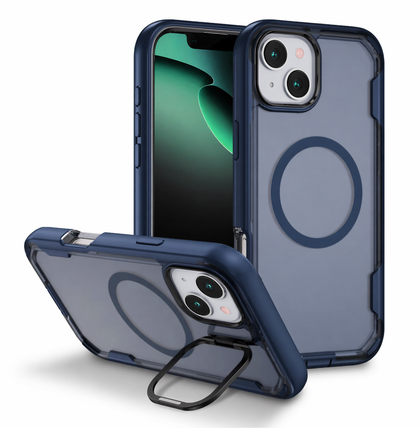 iPhone 13 and iPhone 14 Blue MagSafe Case Silicone Sides Hard Back with Ring Stand Camera Protection Shockproof Slim Cover.
