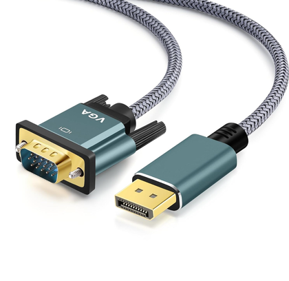 DisplayPort DP Male to VGA Male Cable 1m – Grey Braided, Gold-Plated Connectors, Full HD 1080p