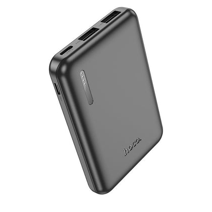HOCO 5000 mAh Power Bank. Fast Charge. 18.5Wh. Output, two USB A ports. Input, USB-C & Micro USB. J115. iPhone, Android, Tablet, iPad. Black.