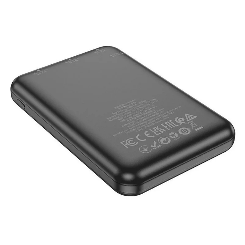 HOCO 5000 mAh Power Bank. Fast Charge. 18.5Wh. Output, two USB A ports. Input, USB-C & Micro USB. J115. iPhone, Android, Tablet, iPad. Black.