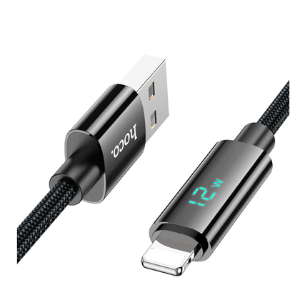 Hoco 1.2M USB-A to iPhone 5 to 14 braided cable. Fast charge. Data cable. U125 with Digital Display. Black.