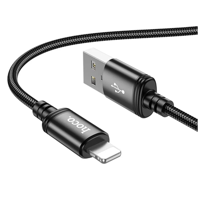 Hoco 2M 2.4A USB-A to iPhone braided cable. Fast charge and data transfer. For iPhone 5 to 14. X89. Black.