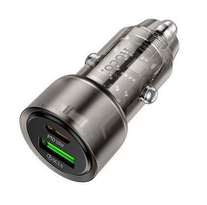 Hoco 38W Phone and Tablet Charger. Dual Port. 1x USB-C. 1 x USB-A. Car Charger PD20W + QC3.0. DC12-24V. Black. Z52.