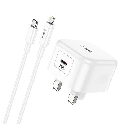 Hoco C155B 20W PD Fast Charger USB-C to iPhone 5–14 Cable Foldable Plug White.