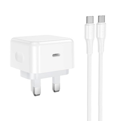 Hoco C161B PD40W USB-C Fast Charger Set with USB-C Cable – Ireland / UK Plug – Power Delivery Wall Charger – White.