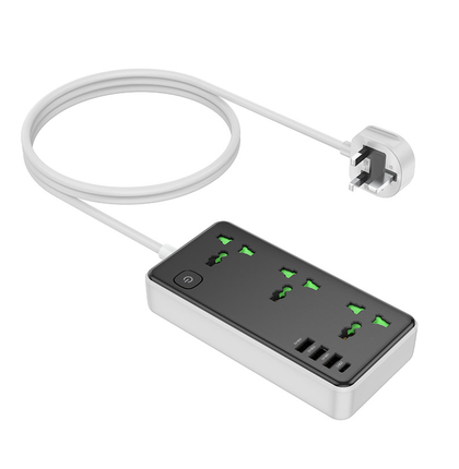 Hoco DC56 Cool Power Strip Socket Extension Board 3 AC Outlets + 3 USB + 1 Type-C, 2M Cable, 2500W, 18W Fast Charging.
