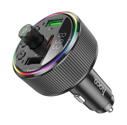 Hoco E82 Guerrero Car Charger 30W PD QC3.0 3-Port USB Bluetooth 5.3 FM Transmitter with RGB Light – Black.