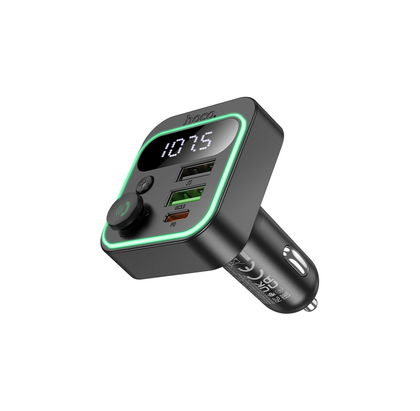 Hoco E85 Bluetooth 5.4 FM transmitter. DC12-24V. 38W. Handsfree calls, charger. USB C PD 20W. 2 USB A QC3. USB playback MP3 / WMA / WAV / FLAC in-car.