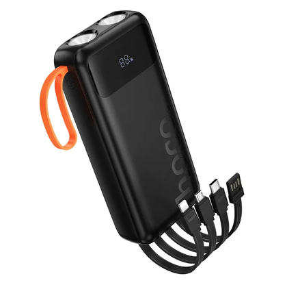 Hoco J151 Spirit 10000mAh Power Bank with 4 Built-in Cables, Dual LED Light, Fast Charging, Digital Display – Black.