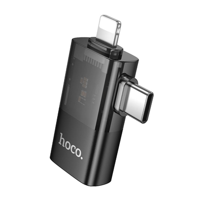 Hoco UA36E iPhone 5 to 14 Male, Type-C Male to USB-A Female OTG 2-in-1 Transparent Adapter - Black