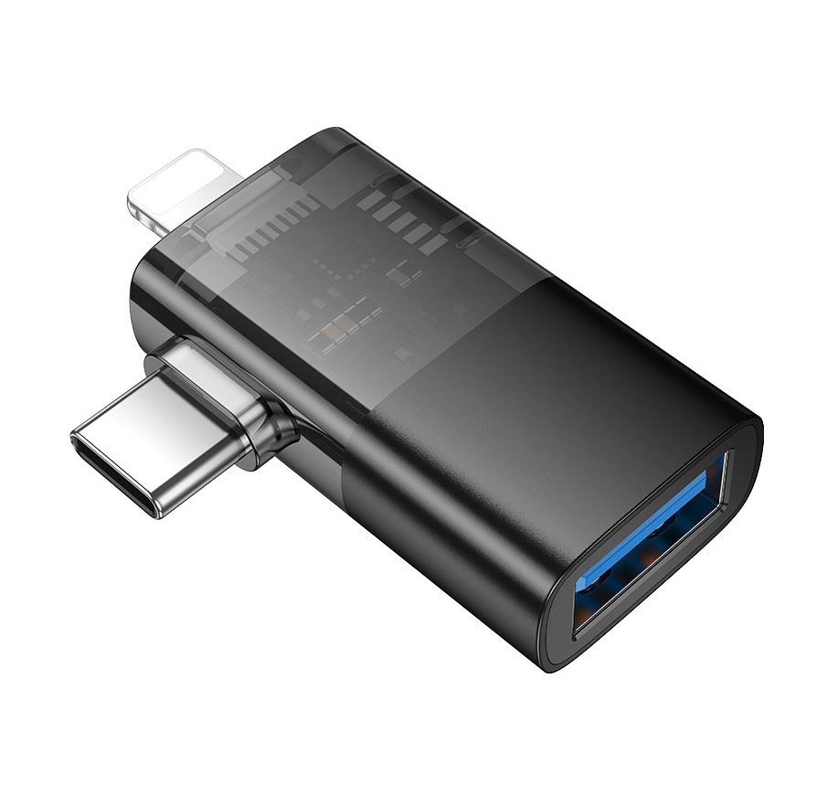 Hoco UA36E iPhone 5 to 14 Male, Type-C Male to USB-A Female OTG 2-in-1 Transparent Adapter - Black
