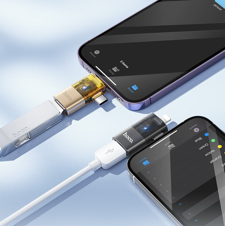 Hoco UA36E iPhone 5 to 14 Male, Type-C Male to USB-A Female OTG 2-in-1 Transparent Adapter - Black