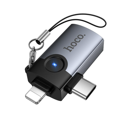 Hoco UA46D 2-In-1 iPhone 5 to 14 Pin And USB-C To USB Female OTG Adapter Metal Gray