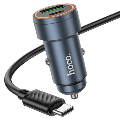 Hoco Z57A 30W PD + QC3.0 Dual Port Car Charger with Type-C to C Cable – Black