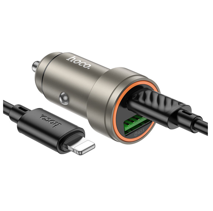 Hoco Z57A Glorious 30W PD + QC3.0 Dual Port Car Charger with Type-C to iPhone Cable – Gold.