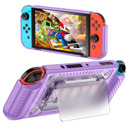 Nintendo Switch OLED Protective Shockproof Case Cover Purple with kick stand 5 game cartridge magnetic holder.