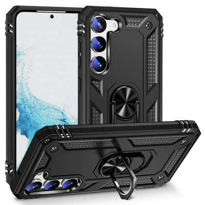 Samsung S23 black armor phone case with ring - Anti-drop, shockproof and rugged protective design.