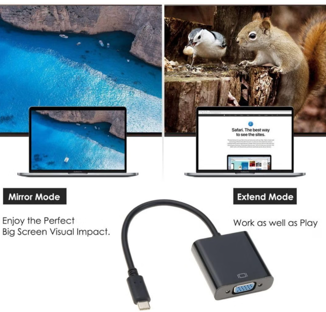 TYPE C (Male) to VGA (Female) 15cm Adapter. Black