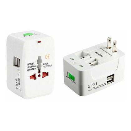 Travel adapter plug surge protection dual USB ports universal IE / UK / EU / US / AU / NZ / Asia wall plug converter. Pack of 1.