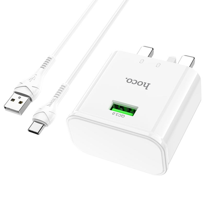 USB Charging plug with USB-C cable for Android and iPhone with USB-C port. QC3 Fast Charger. 12v 1.5a 18W Hoco C92B.