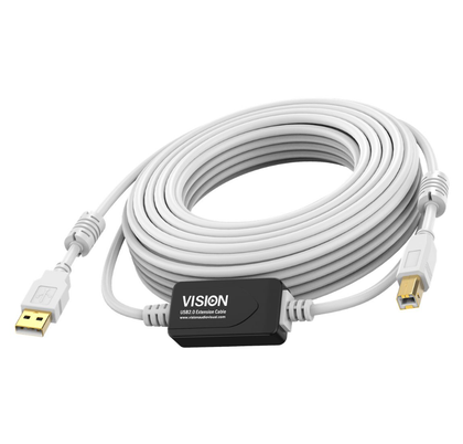 Vision. 15m USB 2.0 Active Printer cable. USB-A (M) to USB-B (M). Bandwidth 480mbit/s. 28+24 AWG. Ferrite cores. White.