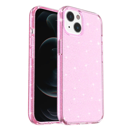 iPhone 13 and iPhone 14 Clear Pink Glitter Case Compatible Shockproof Anti-Scratch Slim Bumper Cover.