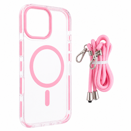 iPhone 13 and iPhone 14 MagSafe Clear Case with Lanyard. Hard Back Soft Protective Edges Shockproof Cover. Pink