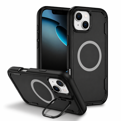 iPhone 15 Black MagSafe Case Silicone Sides Hard Back with Ring Stand Camera Protection Shockproof Slim Cover.