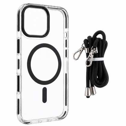 iPhone 15 MagSafe Clear Case with Lanyard. Hard Back Soft Protective Edges Shockproof Cover. Black