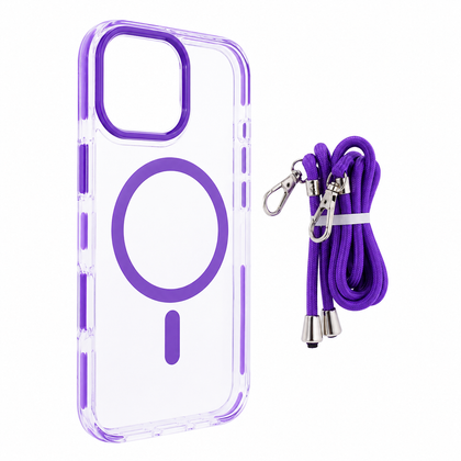iPhone 15 MagSafe Clear Case with Lanyard. Hard Back Soft Protective Edges Shockproof Cover. Purple