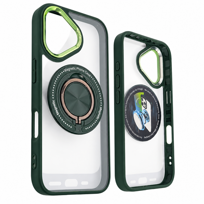 iPhone 16 Clear Magnetic Phone Case With Integrated Magnetic Ring And Green Protective Bumper