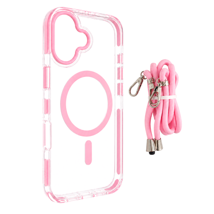 iPhone 16 MagSafe Clear Case with Lanyard. Hard Back Soft Protective Edges Shockproof Cover. Pink