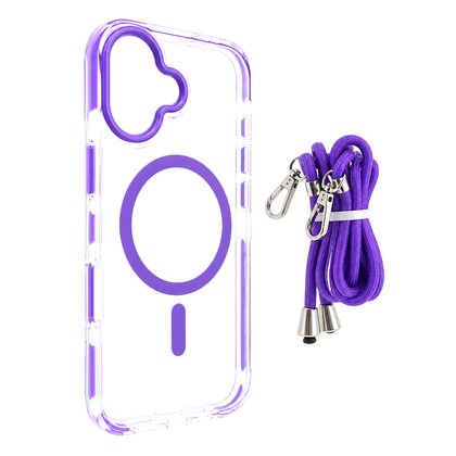 iPhone 16 MagSafe Clear Case with Lanyard. Hard Back Soft Protective Edges Shockproof Cover. Purple