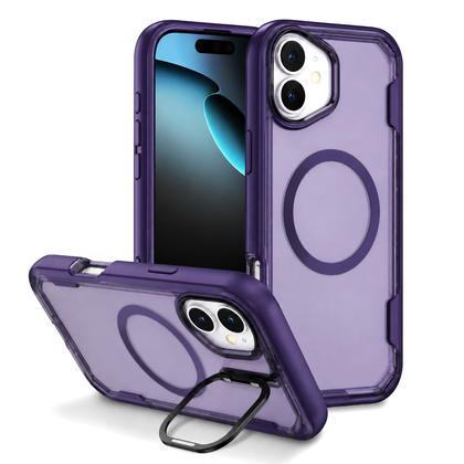 iPhone 16 Purple MagSafe Case Silicone Sides Hard Back with Ring Stand Camera Protection Shockproof Slim Cover.