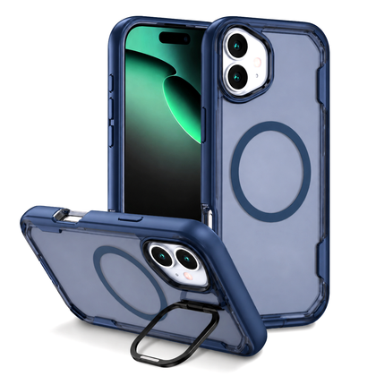 iPhone 17 Blue MagSafe Case Silicone Sides Hard Back with Ring Stand Camera Protection Shockproof Slim Cover.