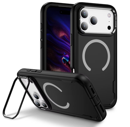 iPhone 17 Pro Black MagSafe Case Silicone Sides Hard Back with Ring Stand Camera Protection Shockproof Slim Cover.