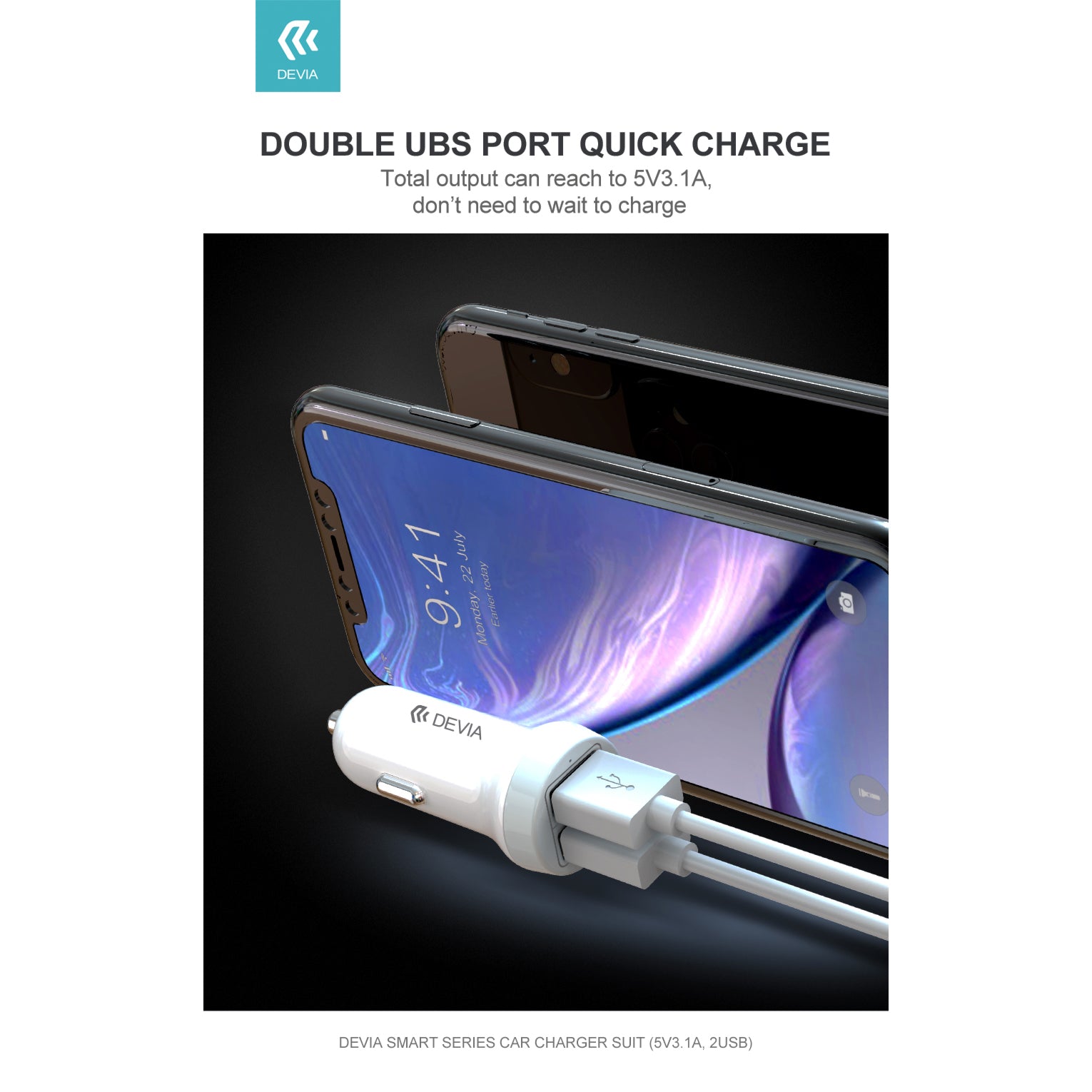 Devia car charger with USB-A to USB-C cable 3.1A Dual Port Car Charger for android iPad with USB C port white