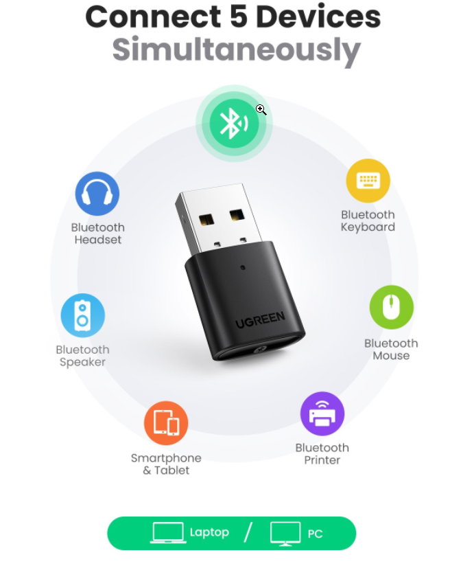 Ugreen Bluetooth Dongle V5.0 Universal USB Dongle Adapter Bluetooth adapter for Windows pc or laptop