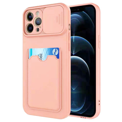 iPhone 12 Pro phone case soft silicone camera lens sliding cover card holder anti drop shockproof rugged protective pink.
